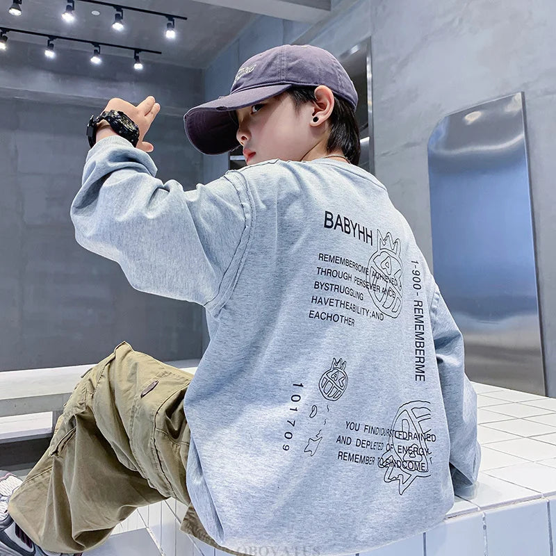 Teen Boys Letter Print Sweatshirt Spring Autumn Long Sleeve Children Loose Casual Kids Grey Color Cotton Pullover Outerwear 4-14