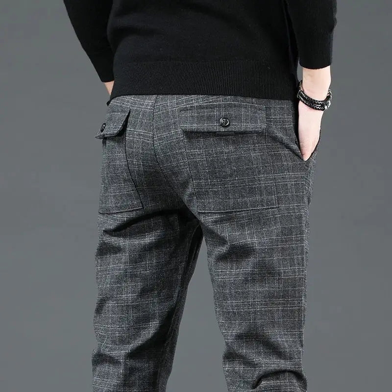 Men's Clothing Korean Fashion Vintage Plaid Business Casual Suit Pants Autumn Formal Slim Straight Trousers Pantalones Hombre