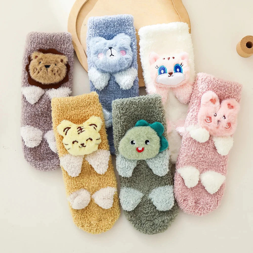 Cute Cartoon Baby Socks Winter Coral Fleece Thickened Baby Long Tube Newborn Boy Girls Non-slip Children's Floor Socks