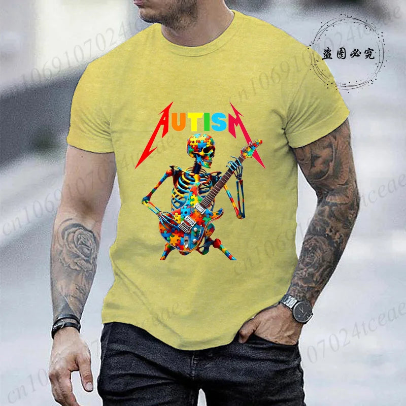 Autism Skeleton Guitar Player Rock Music Autism Awareness Shirt Fashion T-shirt for Men Tops Summer Casual Men's Tshirt Clothing