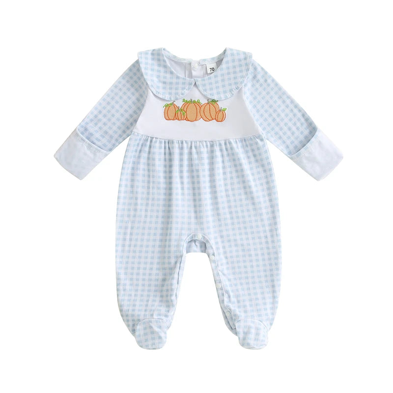 Baby Clothes Baby Girls Boys Halloween Romper Pumpkin Embroidery Plaid Doll Collar Long Sleeve Footie Jumpsuit for Fall