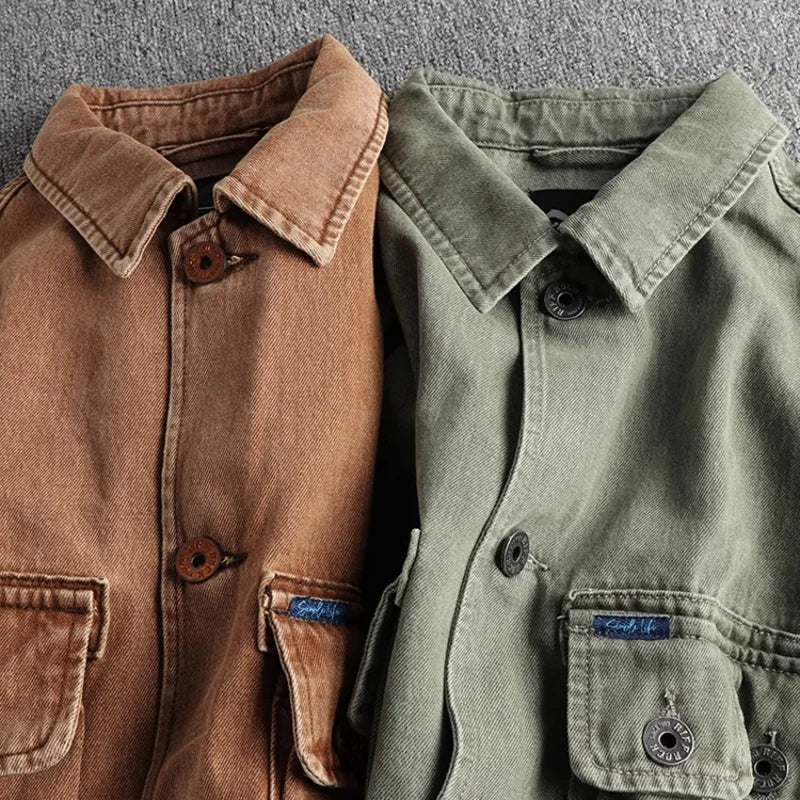 Heavy do old washed coffee color denim jacket men retro trend three-dimensional pocket youth cardigan coat