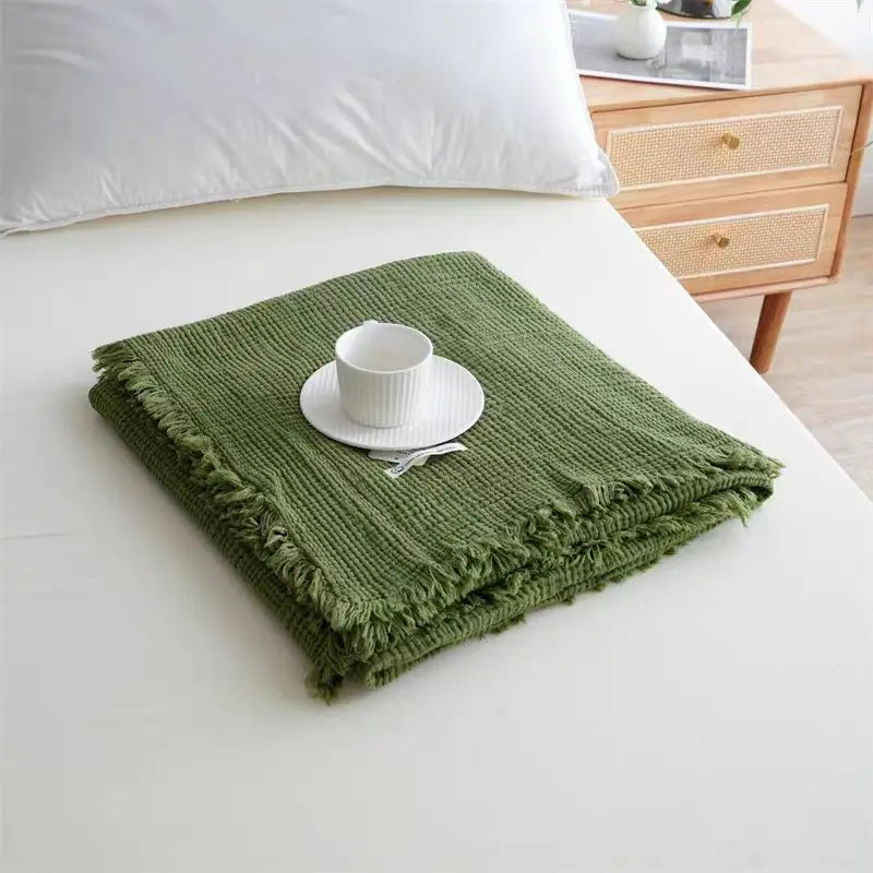 1PC Blanket 100% Cotton Sofa Towel Tassels Bed Solid Color Shawl Skin-friendly Plaid Blankets for Travel Home Bed Sofa Office