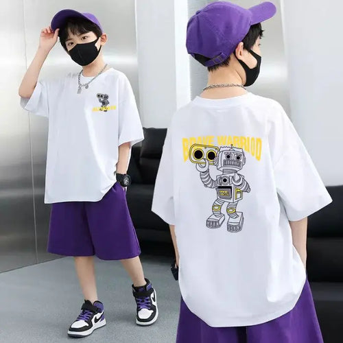 2025 summer Teens Boys Clothes set Outfit Kid robot fashion Tracksuit Child t-shirt top + solid shorts pant 4 7 8 10 12 14 Year