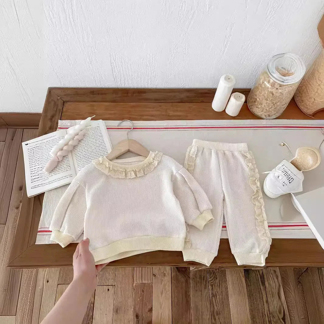 2025 Autumn Spring New in Sweet Lace Trimmed Stylish Sweatshirt + Pants Korean Kids Baby Girls' Casual Loose 2-Piece Set