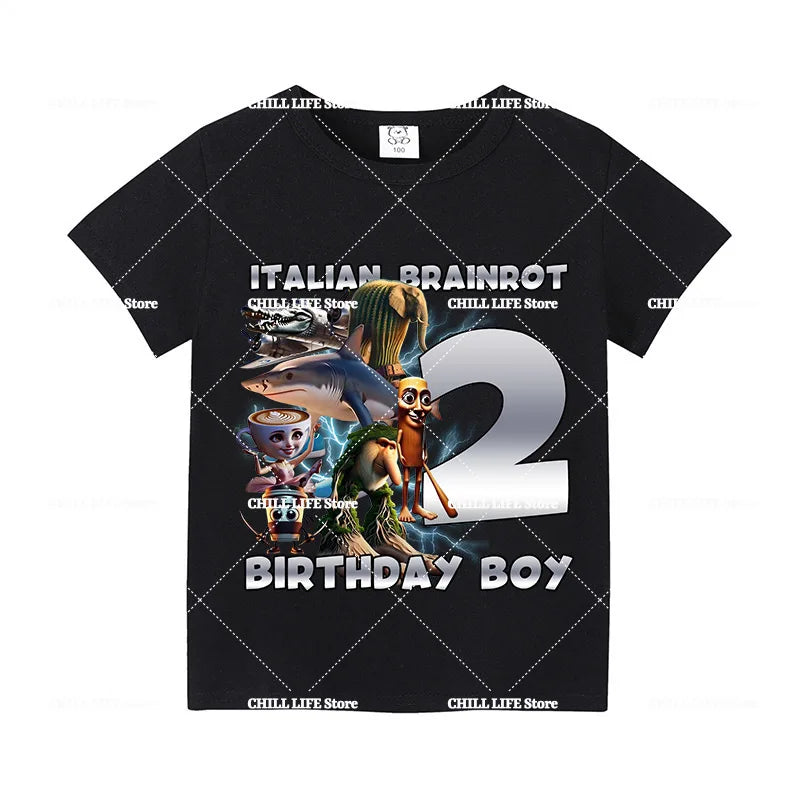Italian Brainro Kids Birthday Number T-shirts Tung Tung Tung Sahur Summer Clothes Funny Meme Short Sleeves Tops Boys Girls Tees