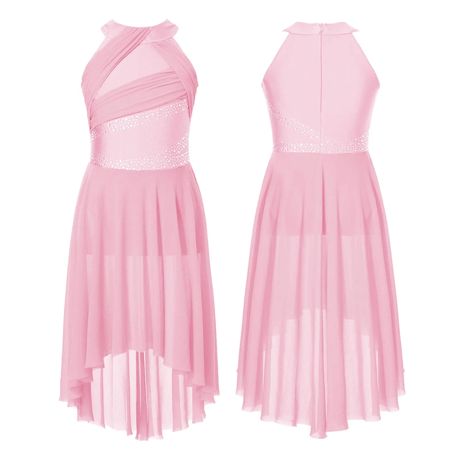 Teen Girls Modern Lyrical Dance Dress Latin Ballet Gymnastics Skating Clothes Sleeveless Shiny Rhinestone Ruched Leotard Tutu