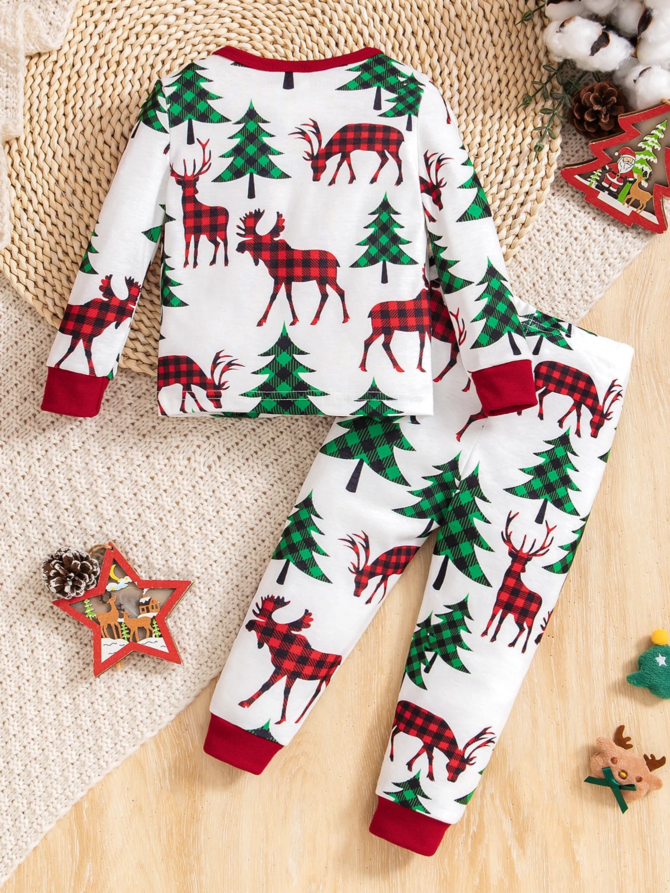Baby boy's Christmas themed outfit with reindeer and Christmas tree pattern long sleeved pants set