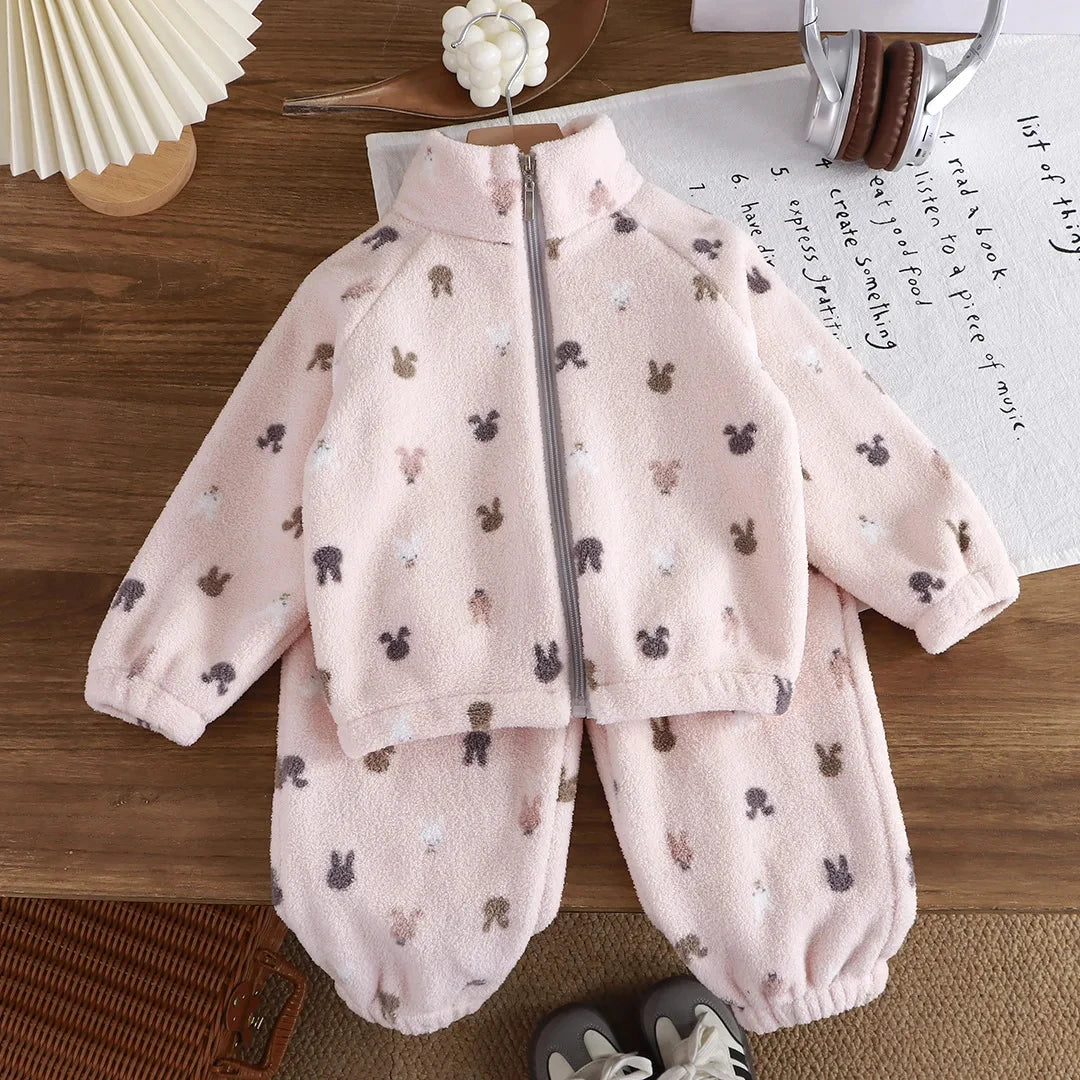 0-4 years old Toddler suit winter flannel home outdoor suit children pajamas boy girl cartoon thick coral velvet two-piece set