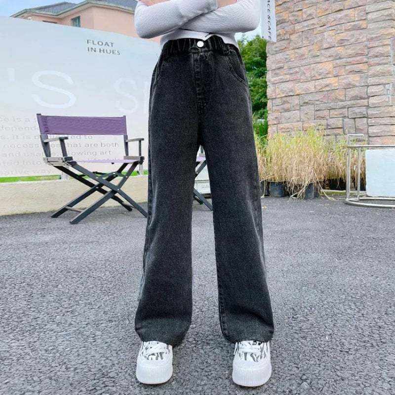 Teenage Girls Jeans 2025 Spring Autumn Casual Fashion Loose Blue Kids Leg Wide Pants School Children Trousers 6 8 10 12 Year