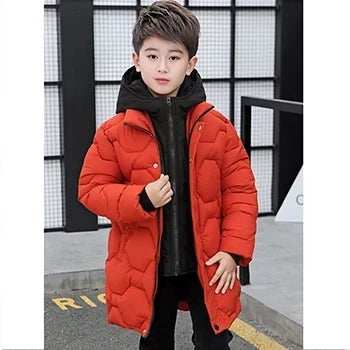 5 6 8 10 12 14 Years Big Boys Jacket Autumn Winter Plus Velvet Warm Teen Kids Jackets Fashion Mid-Length Zipper Hooded Boys Coat
