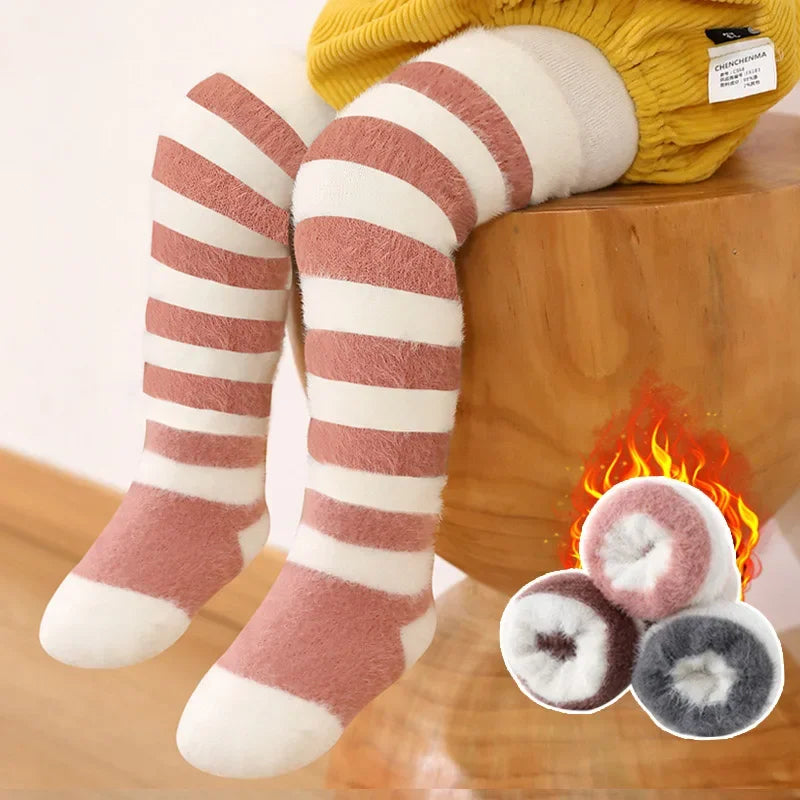 Winter Plush Long Socks for Boy Girl Korean Striped Warm Baby Knee High Socks Thick Mink Fur Anti-Cold Toddler Kids Floor Socks