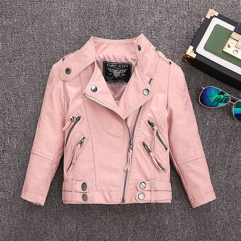 2-14 Years Old Girls Faux Leather Jacket Children PU Coat Long Sleeve Zip Belt Locomotive Jacket Stylish Teen Kids Boys Jackets