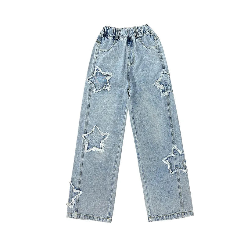 Spring Autumn Teenager Girls Denim Wide Leg Pants Children Trousers New Fashion Star Pattern Girls Jeans 5-14 Years Kids Clothes
