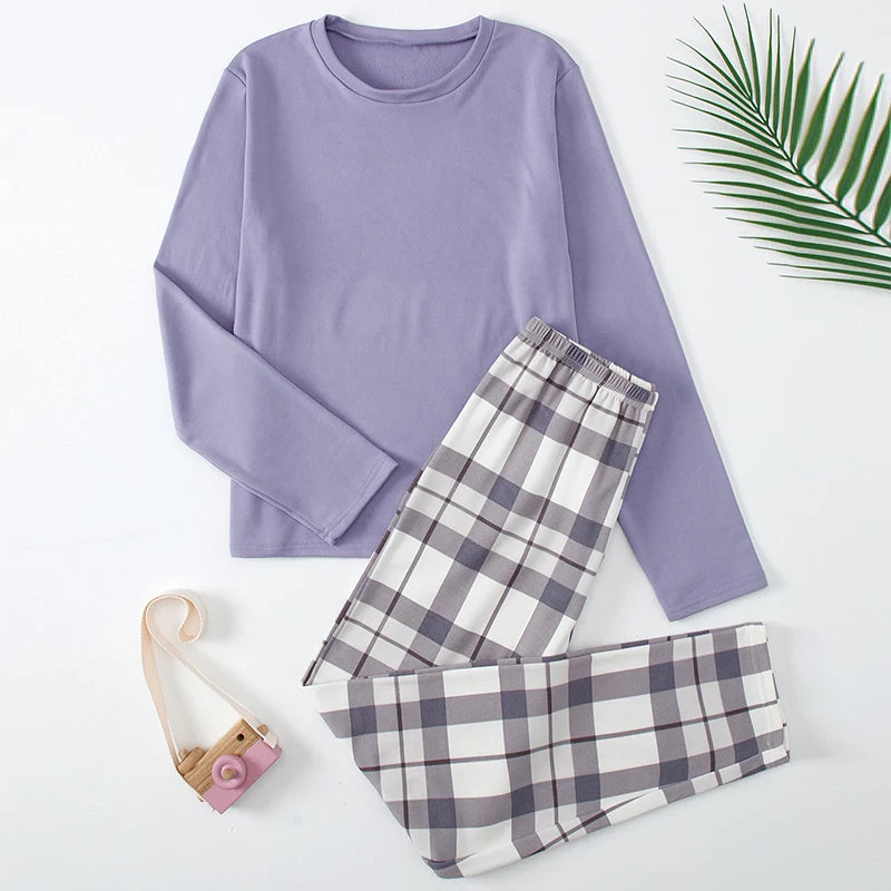 14+ Teen Solid Color T-shirt Plaid Trousers Home Service Girl Round Neck Pajamas Junior High School Boy Leisure Suit Spring And