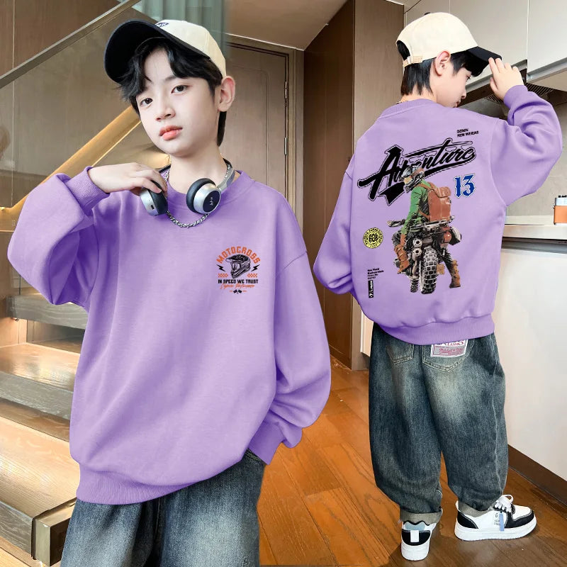 2025 Kids Clothes Boys Streetwear Motorcycle Print Hoodies Sweatshirt Boys Clothing 10 To 14 Years Long Sleeves Children Top