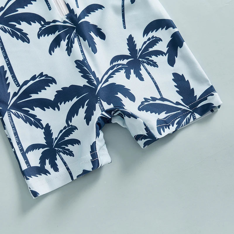 Summer Toddler Infant Baby Boys Girl Rash Guard Swimsuit Coconut Tree Print Short Sleeve Mock Neck Zip Bathing Suit