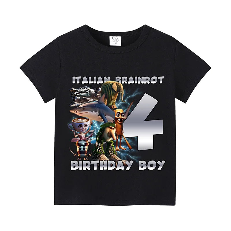 Italian Brainro Kids Birthday Number T-shirts Tung Tung Tung Sahur Summer Clothes Funny Meme Short Sleeves Tops Boys Girls Tees