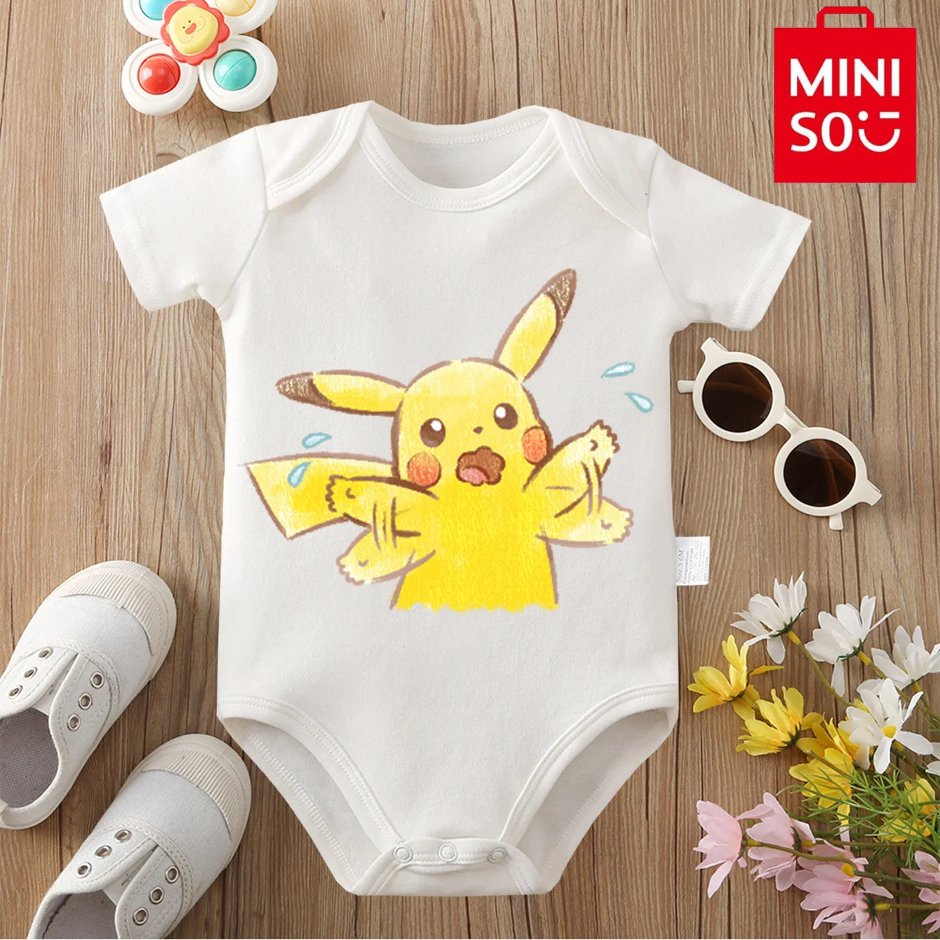 MINISO Pure Cotton Cute Pokemon Pikachu Print Bodysuit Baby Soft Cloths Gift for Baby Onesie Jumpsuit for 0 To 12 Months Newborn