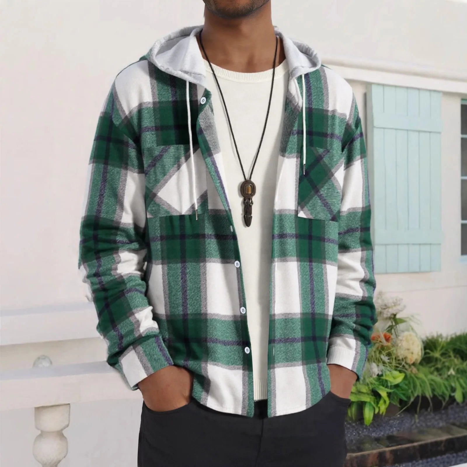 Men's Hooded Plaid Long Sleeve Shirt Jacket Casual Fashion Outerwear for Fall & Winter