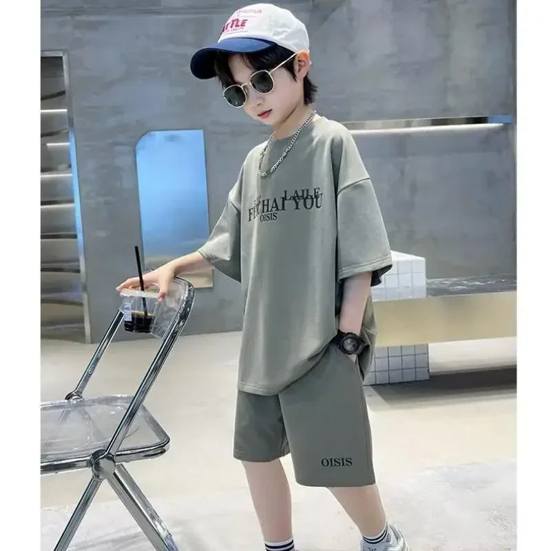 Kids Boutique Clothes Boys Summer Letter Pullover T-Shirt & Shorts 2 Pieces Suit Teenage Boy Sport Outfit Gym Tracksuit 6-16y
