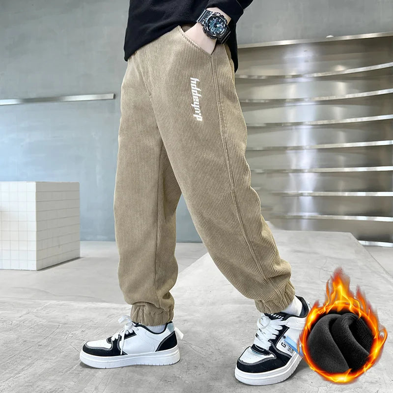 Children's Plus Velvet Pants Boys Padded Trousers Winter New Kids Elastic Waist Sweatpants Teenager Casual Fleece Clothing