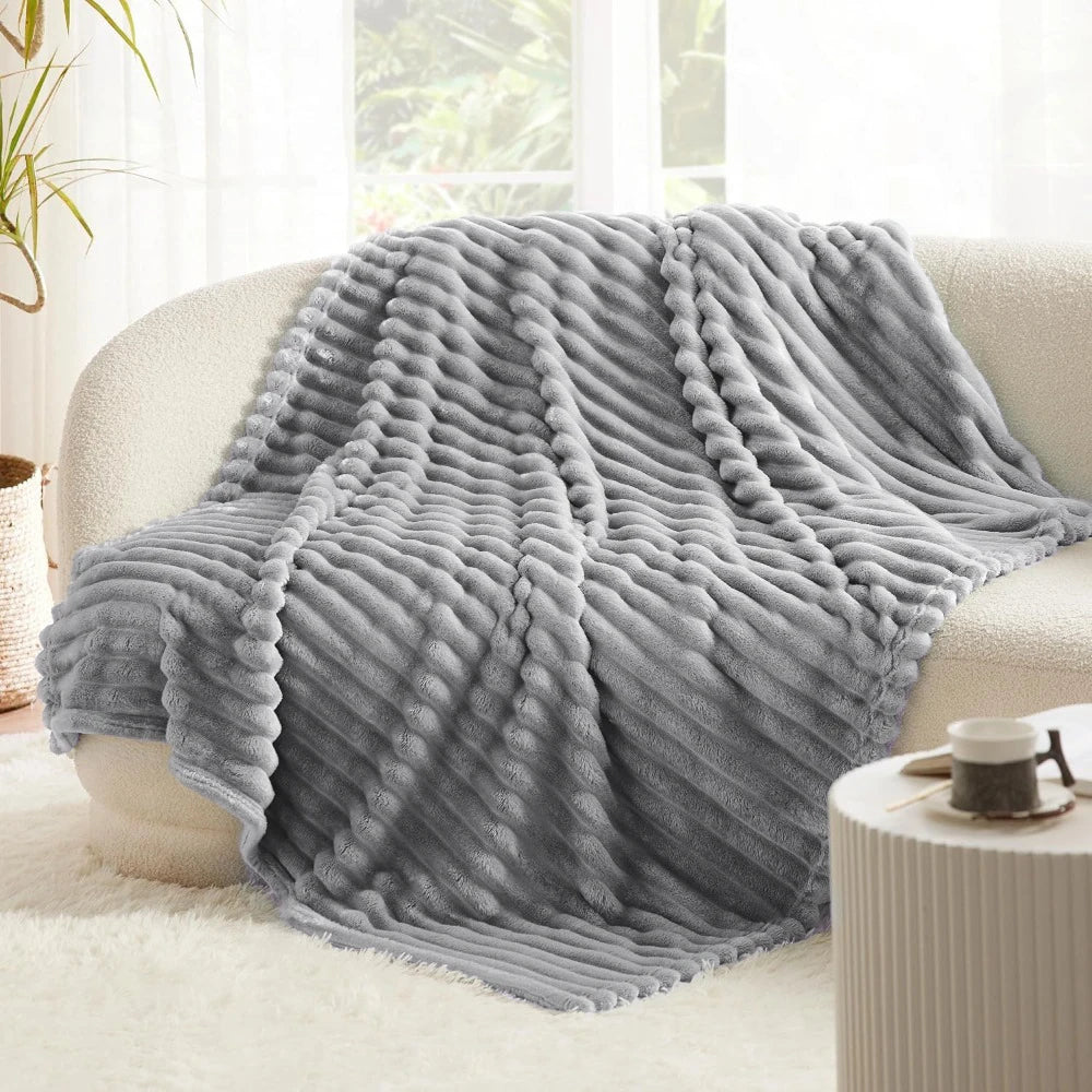 Super Soft Throw Blanket Grey Premium Silky Flannel Fleece 3D Ribbed Jacquard Lightweight Bed Blanket All Season Use
