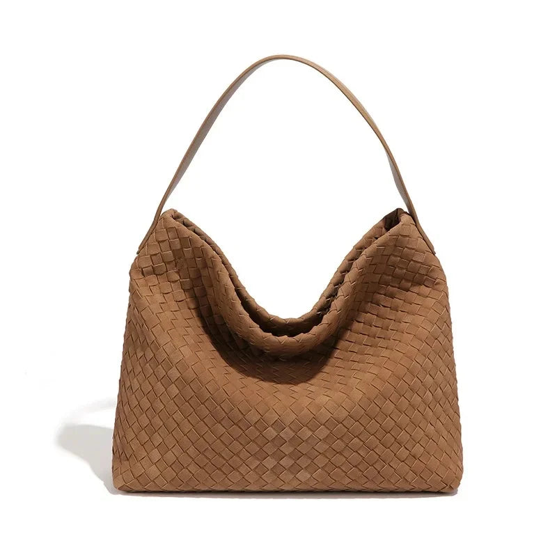 High-End Large Capacity Women's Woven Suede Bucket Bag Underarm Shoulder Crossbody Soft Vintage Tote Bag Polyester Lining