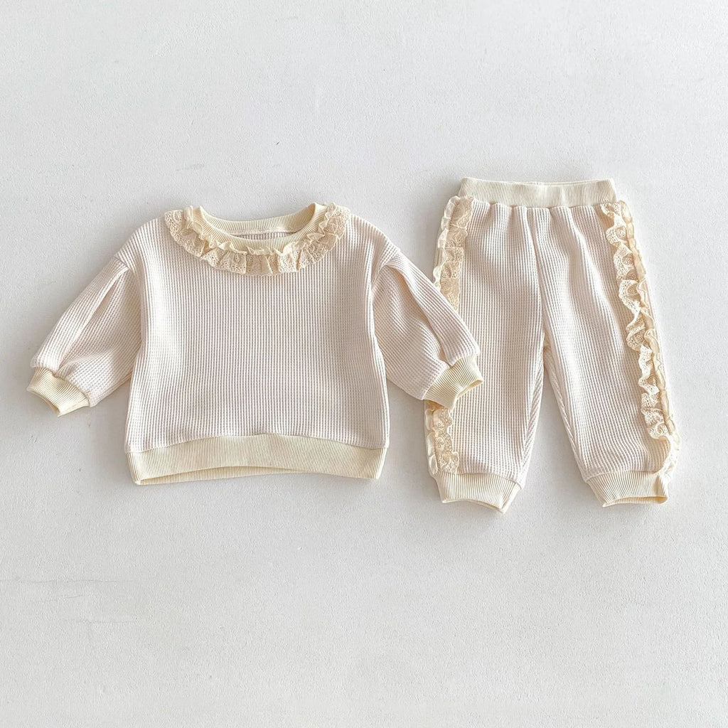 2025 Autumn Spring New in Sweet Lace Trimmed Stylish Sweatshirt + Pants Korean Kids Baby Girls' Casual Loose 2-Piece Set