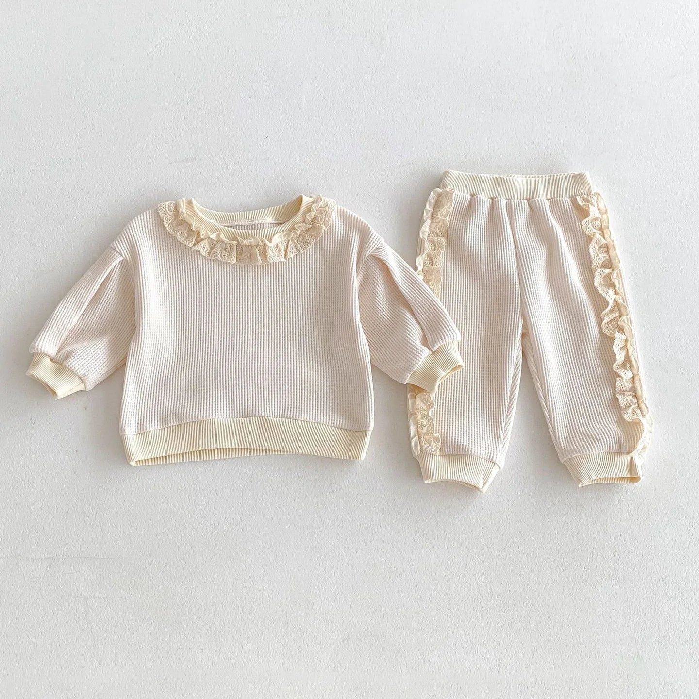 2025 Autumn Spring New in Sweet Lace Trimmed Stylish Sweatshirt + Pants Korean Kids Baby Girls' Casual Loose 2-Piece Set