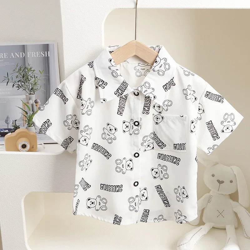 2-8Y Boys Shirt Formal Kids Gentlemen Tops Clothes Hawaii Short Sleeved Cotton baby Children Clothing DS29