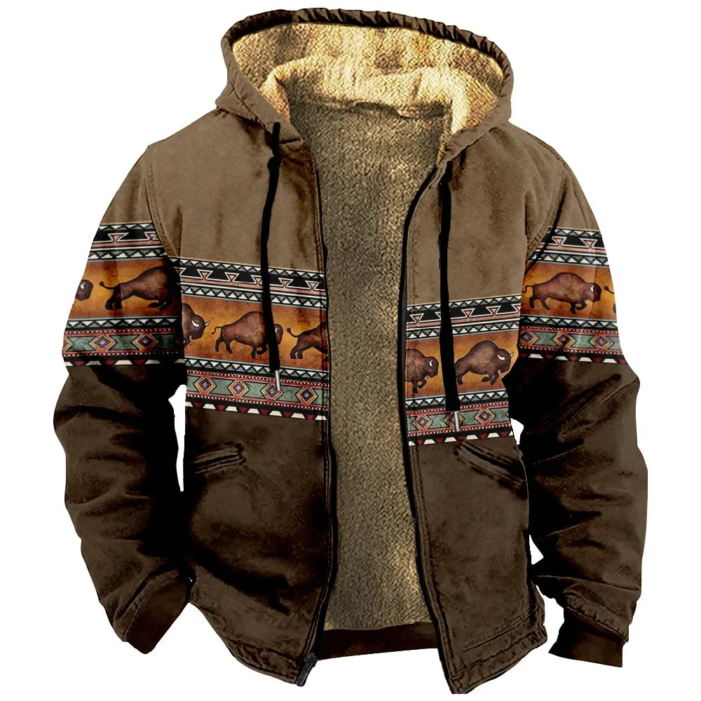 Vintage Winter Hooded Jackets for Men Thick Fleece Motorcycle Hoodies Casual Fit Zipper Jacket Male Versatile Hooded Sweatshirts