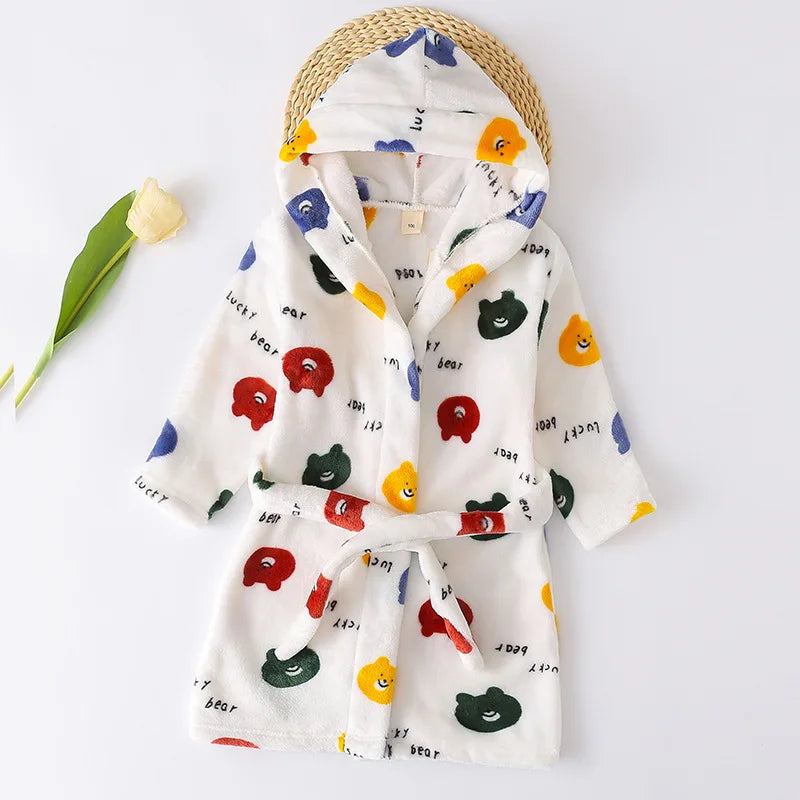 2025 Kids Hooded Flannel Bathrobe Baby Bath Bear Printed Robes Boys Girls Cute Cartoon Soft Warm Pajamas Long Sleeve Towel Robe