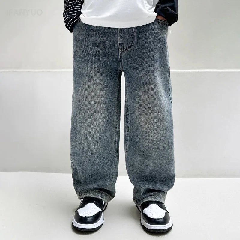 Boys version straight jeans street style 2025 new jeans medium and big children handsome street straight wide-leg 4 -12Y