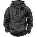 2025 Men's Autumn Winter Outdoor Casual Jacket: Retro Lace-Up, Loose Fit, Pure Color Long Sleeve Hooded Sweatshirt