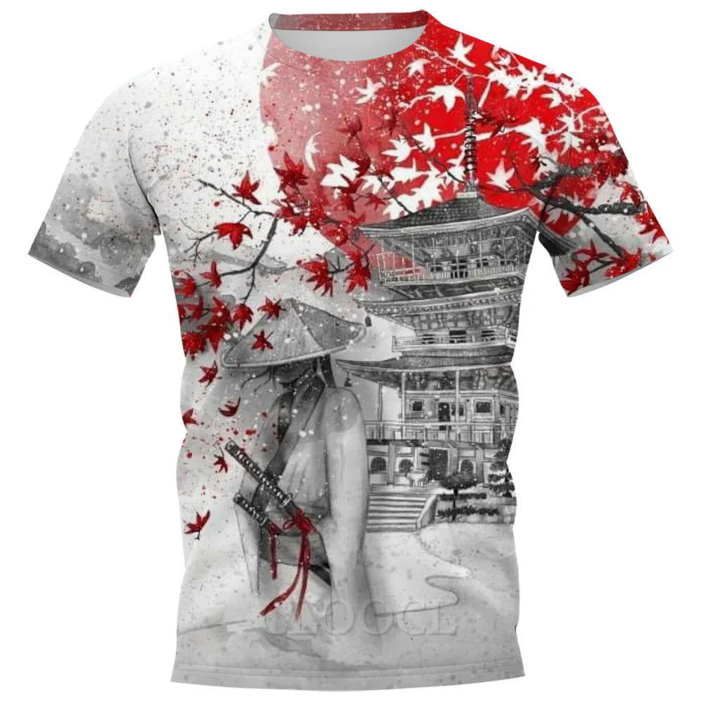 Japan Sakura Samurai Print Men's T Shirt Casual O-neck Short Sleeve Tops Summer Comfortable Breathable Pullover Fashion Clothing