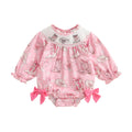 Baby Girls Casual Romper Western Print Embroidery Cute Bow Long Sleeve Jumpsuits for Newborn Fashion Clothes
