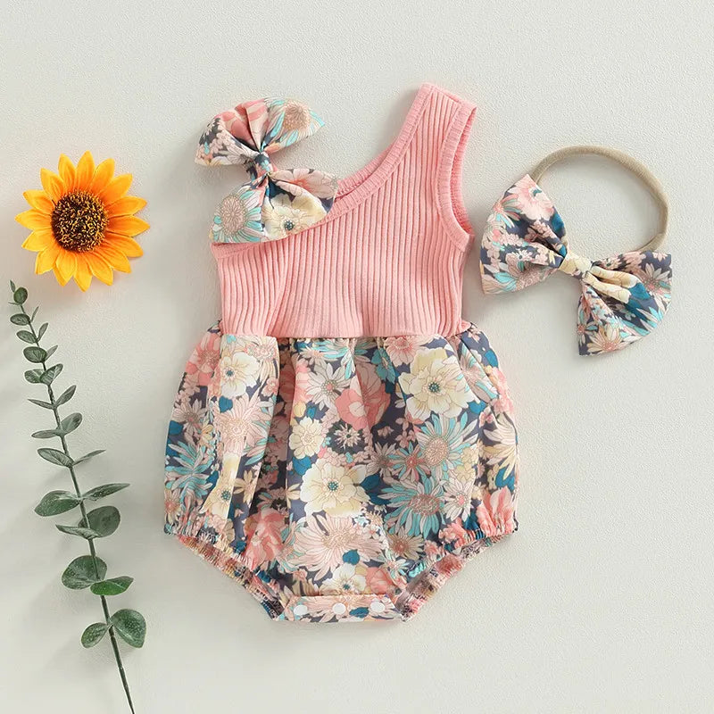 0-18months Baby Girl Summer Bodysuit Floral One Shoulder Romper and Stretch Headband Playsuit for infant girls