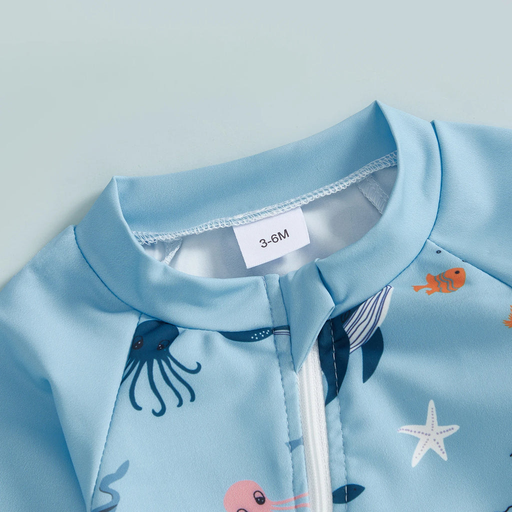 Toddler Baby Boy Rash Guard Summer Infant Swimsuit Long Sleeve Ocean Animal Print Swimwear Children Zip Up Bathing Suit Swimwear