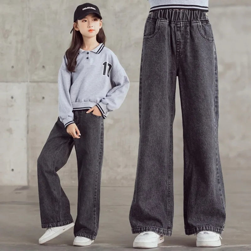 Girls Jeans spring autumn Casual Loose Side Gradient Color Young Children hole Wide Leg Pants3-12Years Teen School Kids Trousers