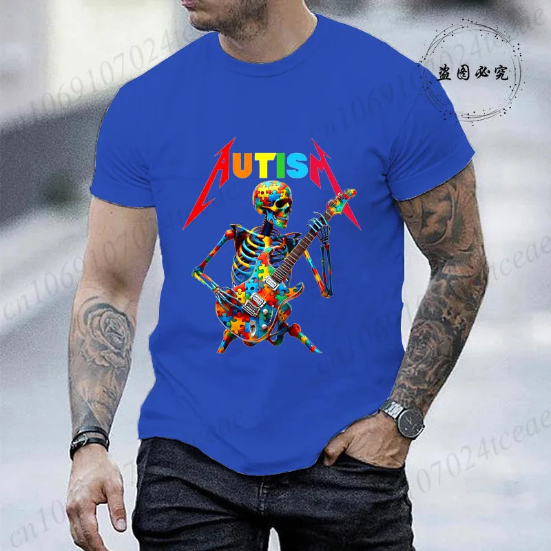 Autism Skeleton Guitar Player Rock Music Autism Awareness Shirt Fashion T-shirt for Men Tops Summer Casual Men's Tshirt Clothing