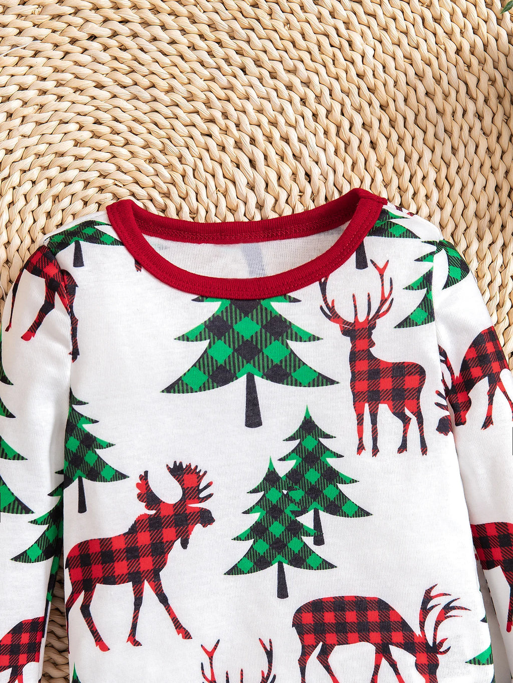 Baby boy's Christmas themed outfit with reindeer and Christmas tree pattern long sleeved pants set