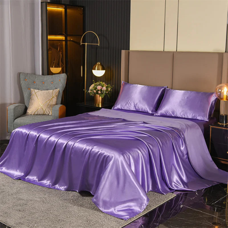 Satin Bed Sheets, Queen Size Sheets Set, 4 Pcs Silky Bedding Set   1 Deep Pocket Fitted Sheet + 1 Flat Sheet + 2 Pillowcases