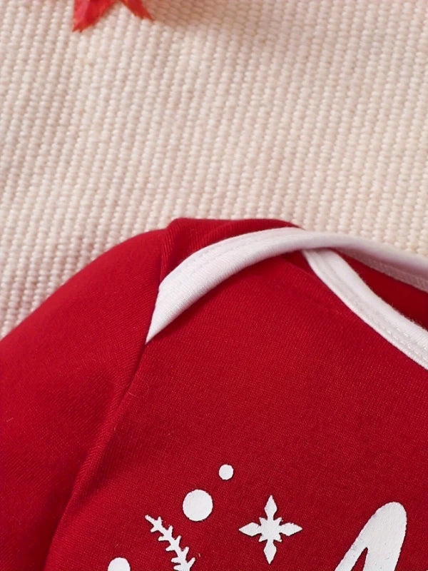 Spring and Autumn Baby and Toddler Unisex Crewneck Letter Print Color Block Spliced Romper - Christmas Limited Editio