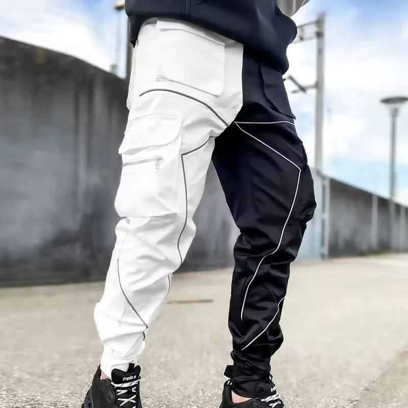 Men's Casual Pants Multi-pocket Cargo Trousers Striped Reflect Sweatpants Breathable Lightweight Jogging Trousers Gym Trackpant