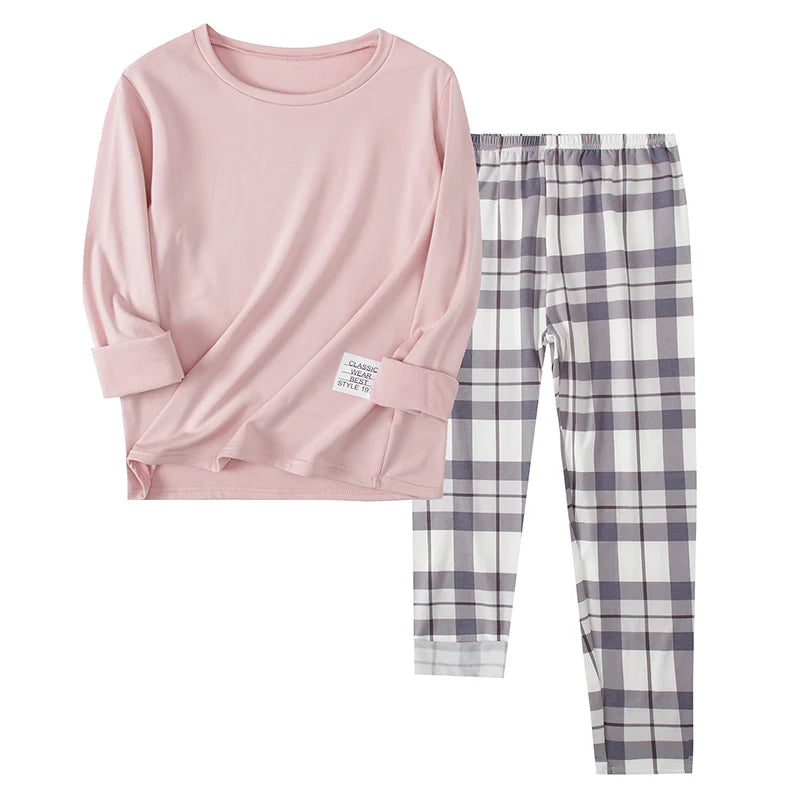 14+ Teen Solid Color T-shirt Plaid Trousers Home Service Girl Round Neck Pajamas Junior High School Boy Leisure Suit Spring And