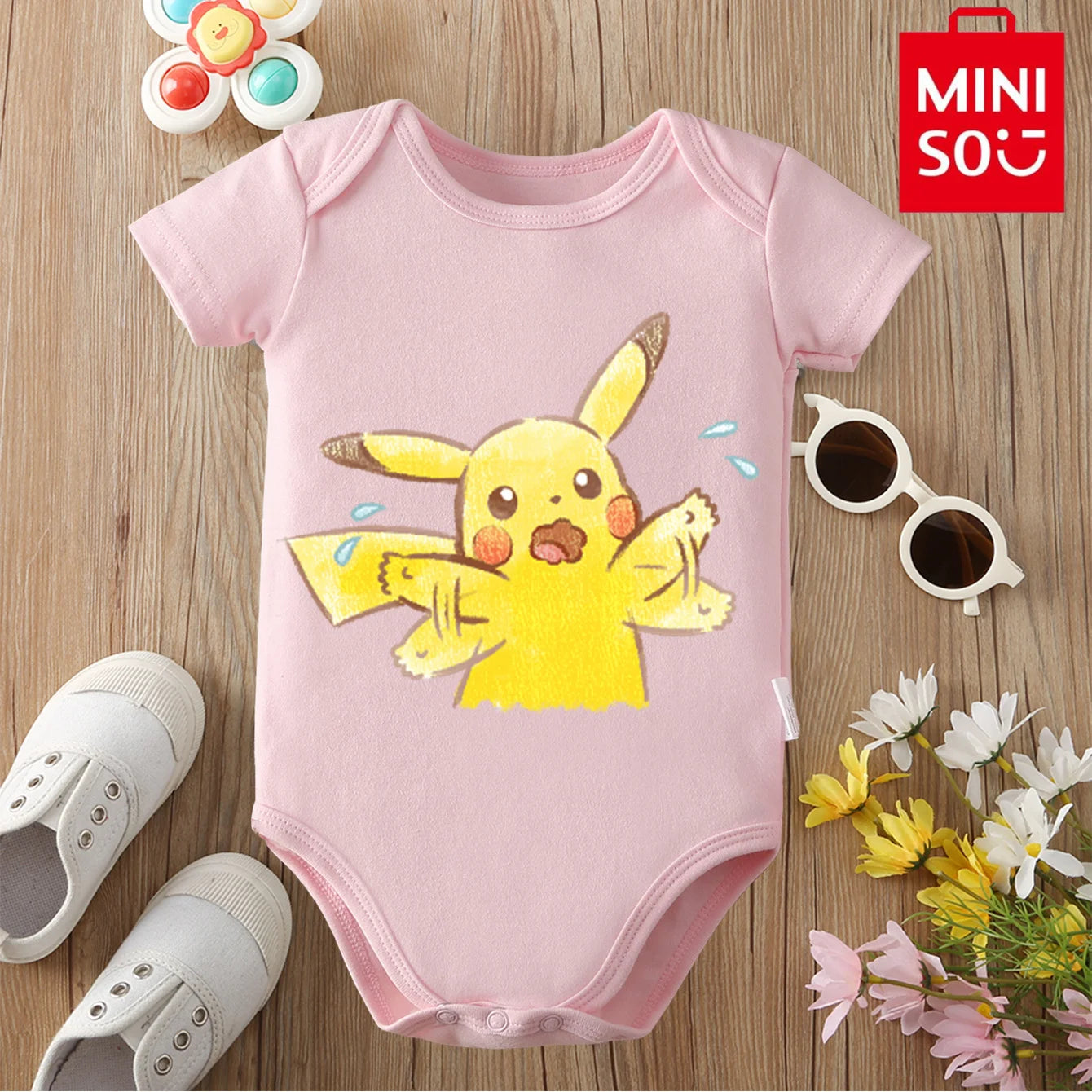 MINISO Pure Cotton Cute Pokemon Pikachu Print Bodysuit Baby Soft Cloths Gift for Baby Onesie Jumpsuit for 0 To 12 Months Newborn