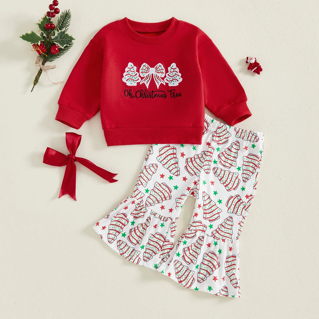 Lioraitiin Toddler Little Girl Christmas Outfit Bow Tree Applique Crewneck Sweatshirt and Flare Pants 2 Piece Winter Fall Set
