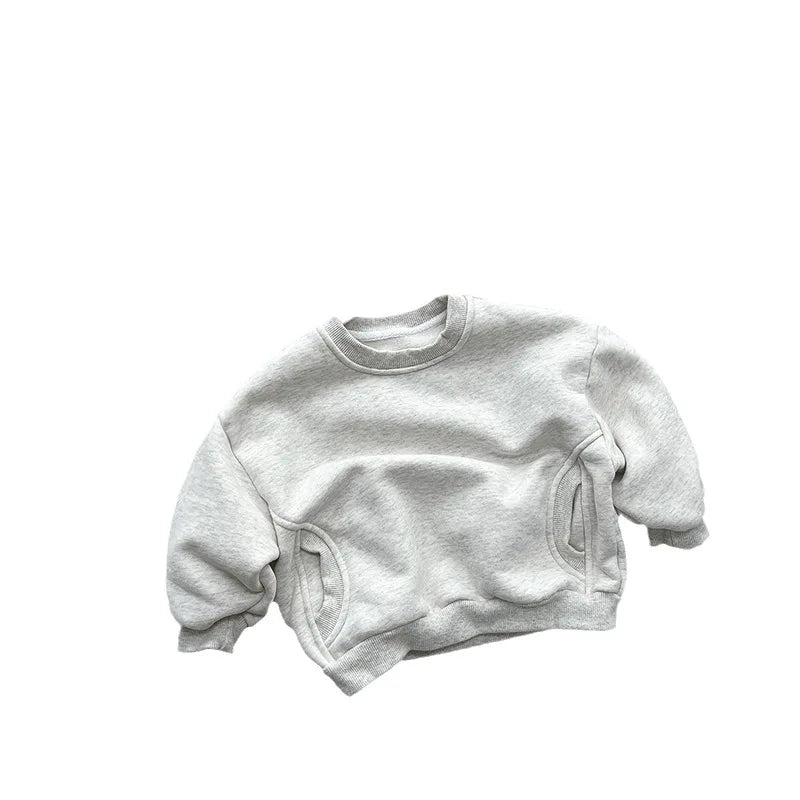 2025 Winter New Baby Long Sleeve Fleece Sweatshirt Infant Boy Girl Solid Warm Pullover Plus Velvet Thick Toddler Casual Clothes