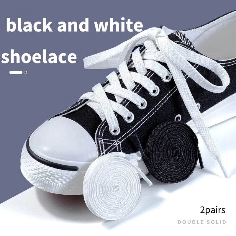 2 Pairs Black White Shoe Laces Flat Double Woven Anti-slip Polyester Shoelaces Sports Casual White Shoes Classic Shoelace